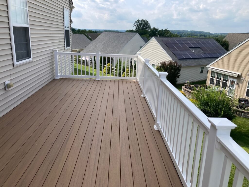 Comprehensive deck construction services featuring a 3D architectural rendering, 50-year sustainable composite decking, and integrated 'Cooler-Touch' surface technology.